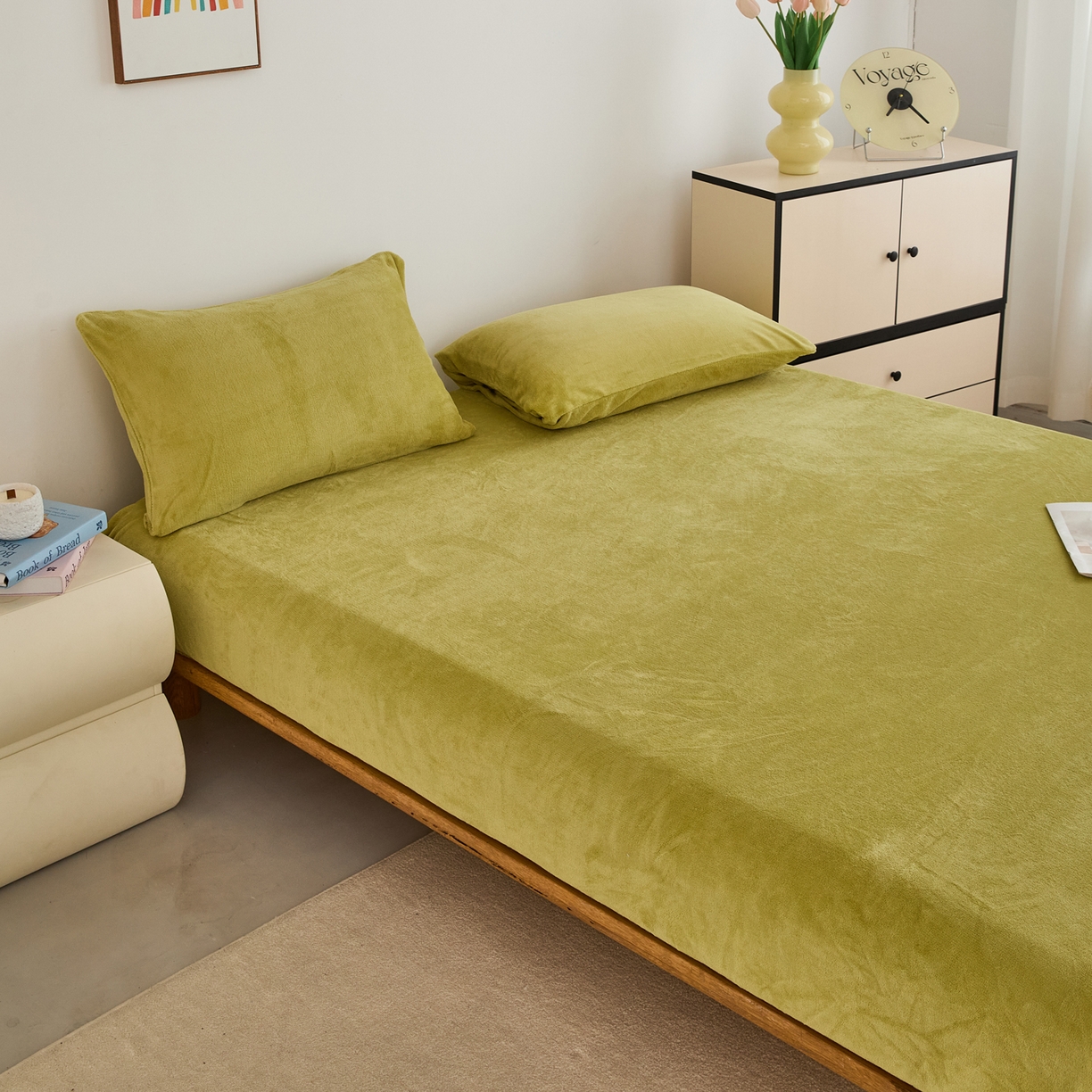 91家纺网 家纺一手货源 找家纺 曼町家居 2025新款高克重柔软牛奶绒床笠单床笠床笠单件 抹茶绿