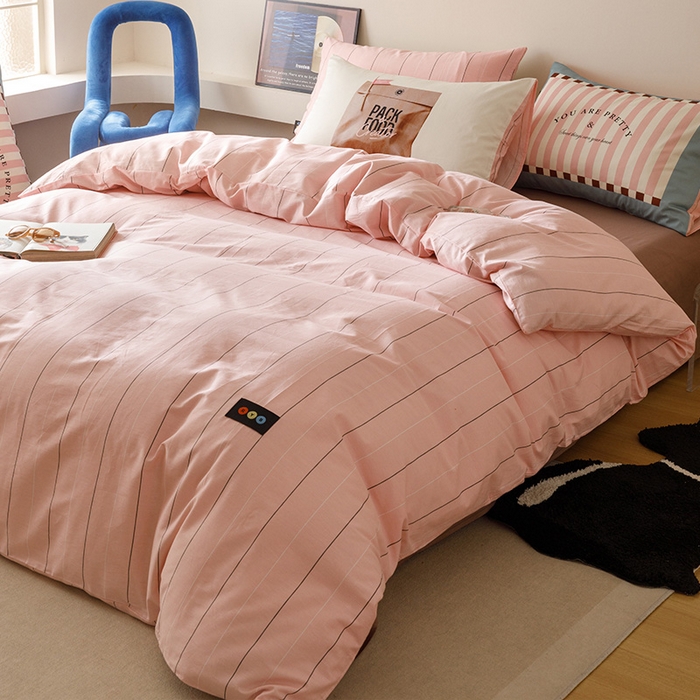 91家纺网 家纺一手货源 找家纺 RYB红黄兰 2025新款ins慵懒风撞色系全棉四件套学生季宿舍床纯棉三件套 粉咖公文