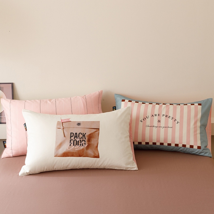 91家纺网 家纺一手货源 找家纺 RYB红黄兰 2025新款ins慵懒风撞色系全棉四件套学生季宿舍床纯棉三件套 粉咖公文