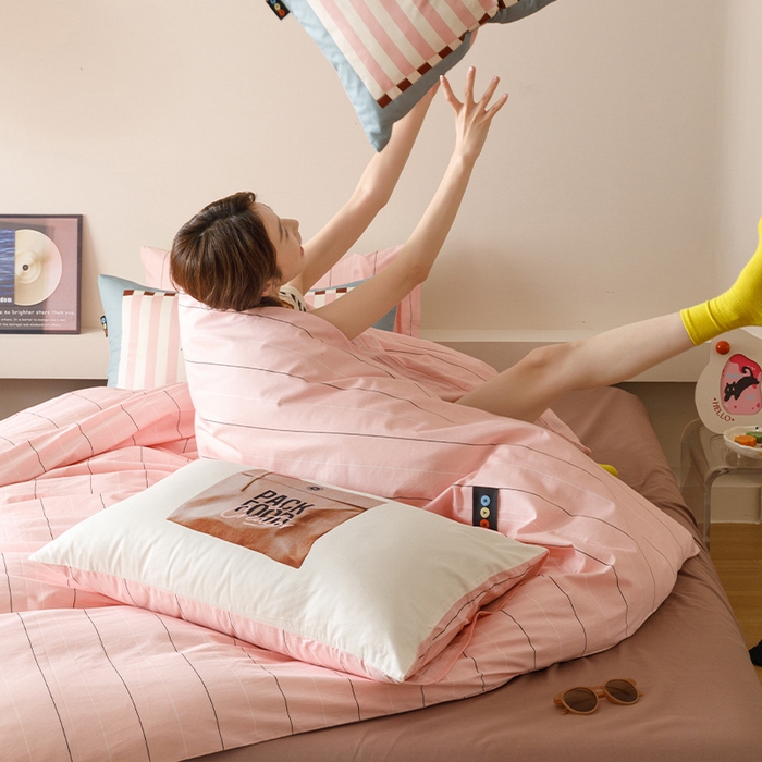 RYB红黄兰 2025新款ins慵懒风撞色系全棉四件套学生季宿舍床纯棉三件套 粉咖公文