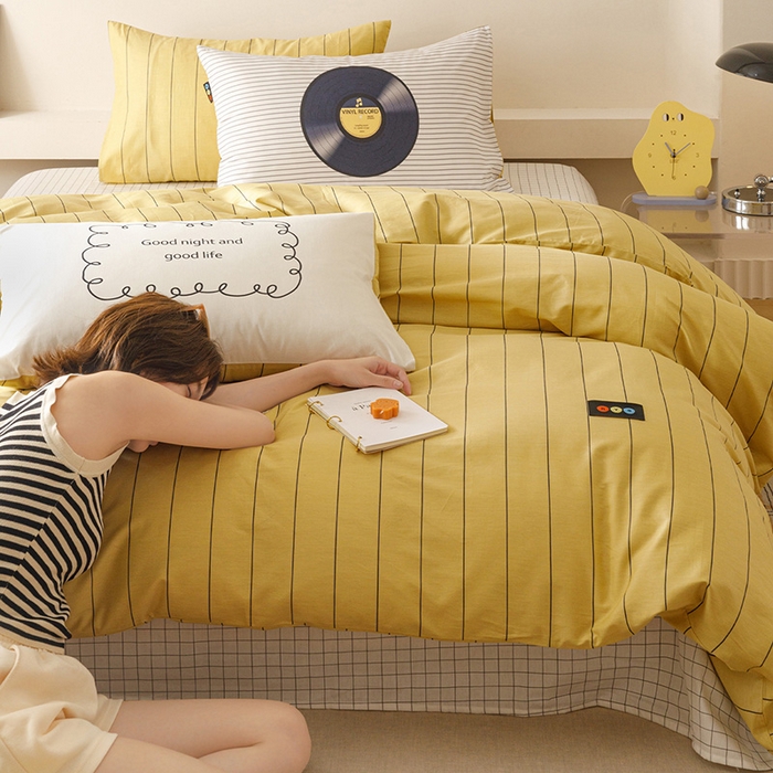 91家纺网 家纺一手货源 找家纺 RYB红黄兰 2025新款ins慵懒风撞色系全棉四件套学生季宿舍床纯棉三件套 复古唱片