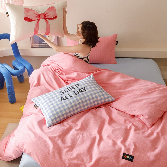 91家纺网 家纺一手货源 找家纺 RYB红黄兰 2025新款ins慵懒风撞色系全棉四件套学生季宿舍床纯棉三件套 蓝粉礼物