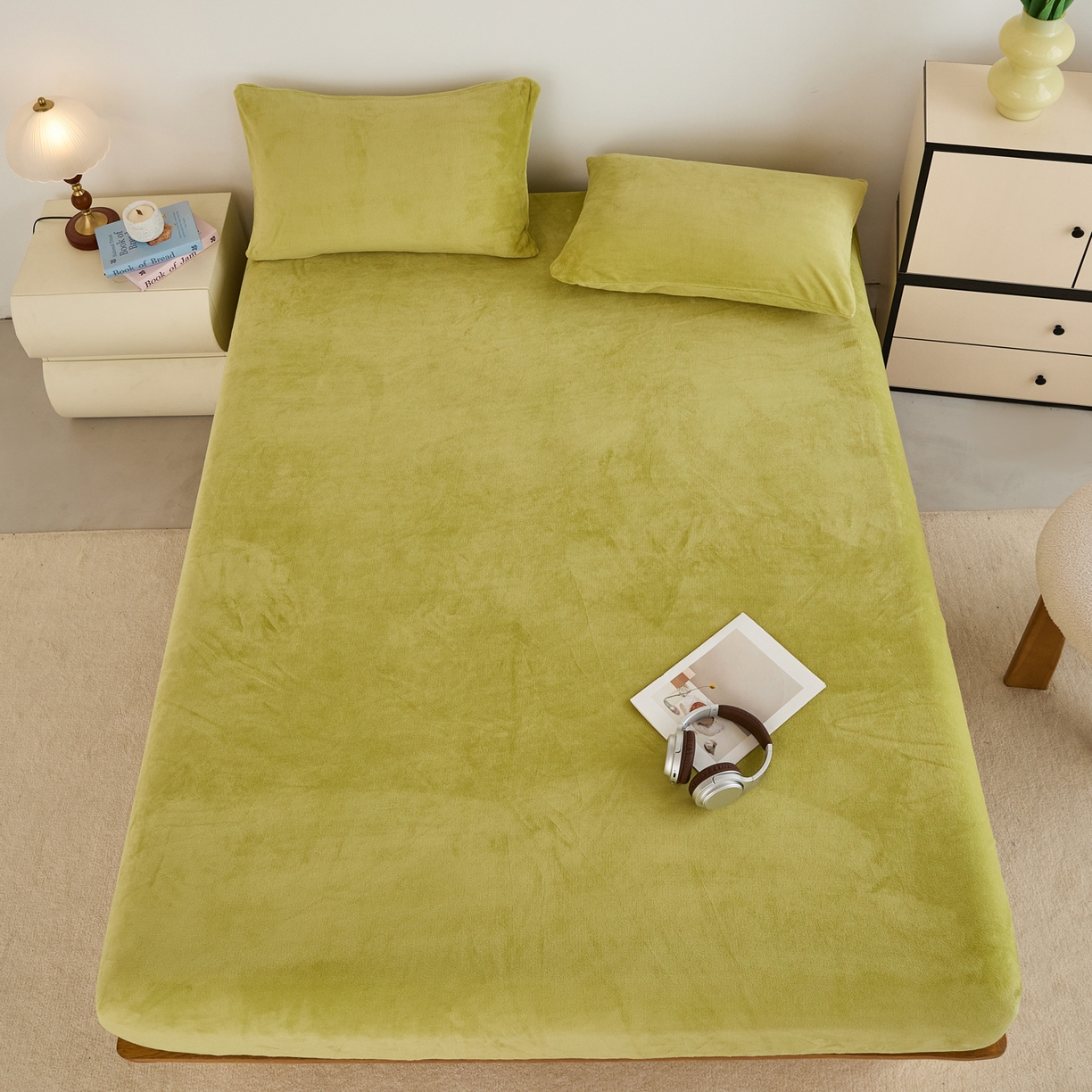 91家纺网 家纺一手货源 找家纺 曼町家居 2025新款高克重柔软牛奶绒床笠单床笠床笠单件 抹茶绿