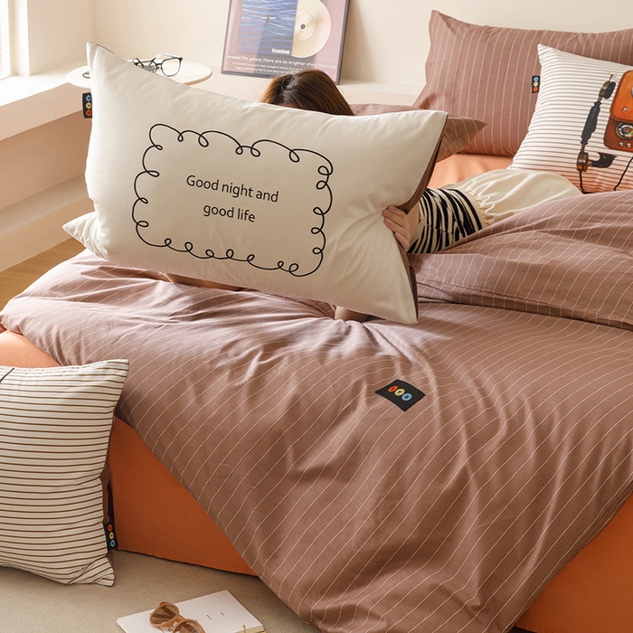 91家纺网 家纺一手货源 找家纺 RYB红黄兰 2025新款ins慵懒风撞色系全棉四件套学生季宿舍床纯棉三件套 咖啡电话