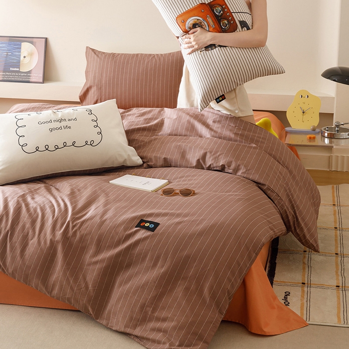 91家纺网 家纺一手货源 找家纺 RYB红黄兰 2025新款ins慵懒风撞色系全棉四件套学生季宿舍床纯棉三件套 咖啡电话