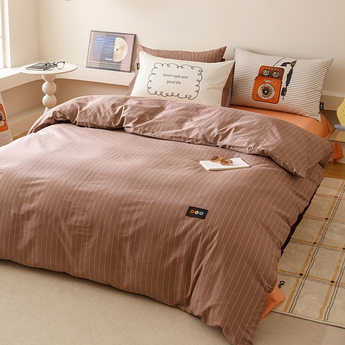 91家纺网 家纺一手货源 找家纺 RYB红黄兰 2025新款ins慵懒风撞色系全棉四件套学生季宿舍床纯棉三件套 咖啡电话