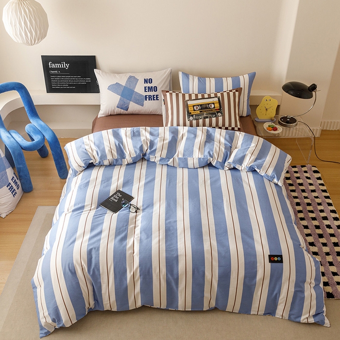 91家纺网 家纺一手货源 找家纺 RYB红黄兰 2025新款ins慵懒风撞色系全棉四件套学生季宿舍床纯棉三件套 蓝咖磁带