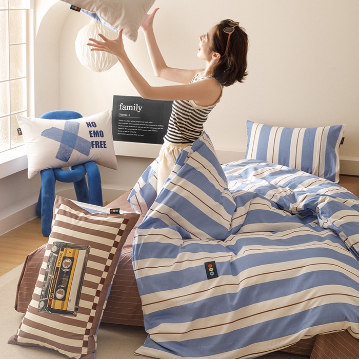 RYB红黄兰 2025新款ins慵懒风撞色系全棉四件套学生季宿舍床纯棉三件套 蓝咖磁带