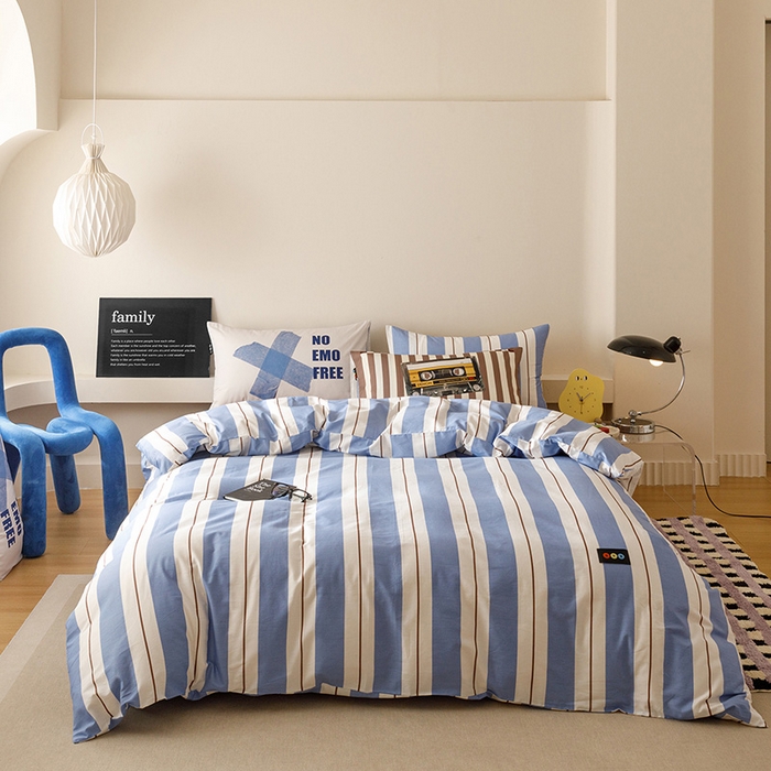 91家纺网 家纺一手货源 找家纺 RYB红黄兰 2025新款ins慵懒风撞色系全棉四件套学生季宿舍床纯棉三件套 蓝咖磁带