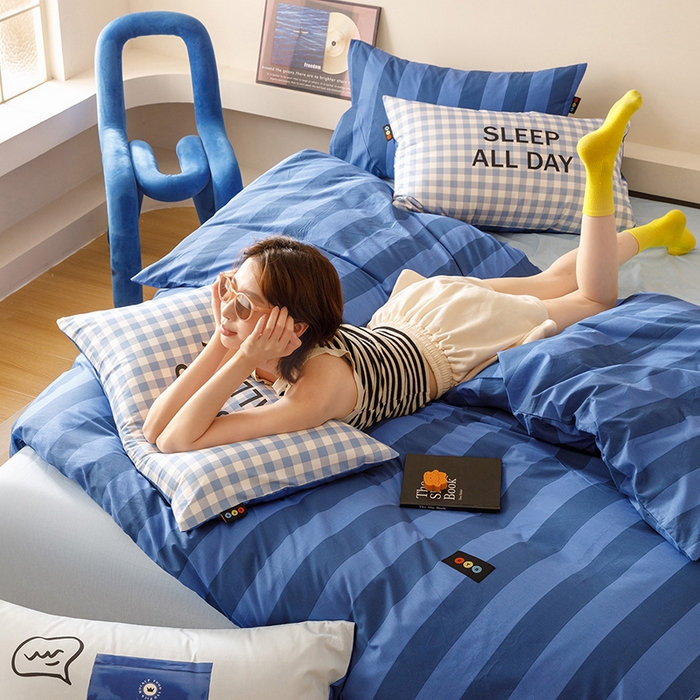 91家纺网 家纺一手货源 找家纺 RYB红黄兰 2025新款ins慵懒风撞色系全棉四件套学生季宿舍床纯棉三件套 深蓝假日