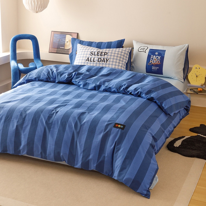 91家纺网 家纺一手货源 找家纺 RYB红黄兰 2025新款ins慵懒风撞色系全棉四件套学生季宿舍床纯棉三件套 深蓝假日