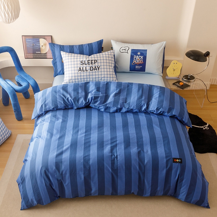 91家纺网 家纺一手货源 找家纺 RYB红黄兰 2025新款ins慵懒风撞色系全棉四件套学生季宿舍床纯棉三件套 深蓝假日