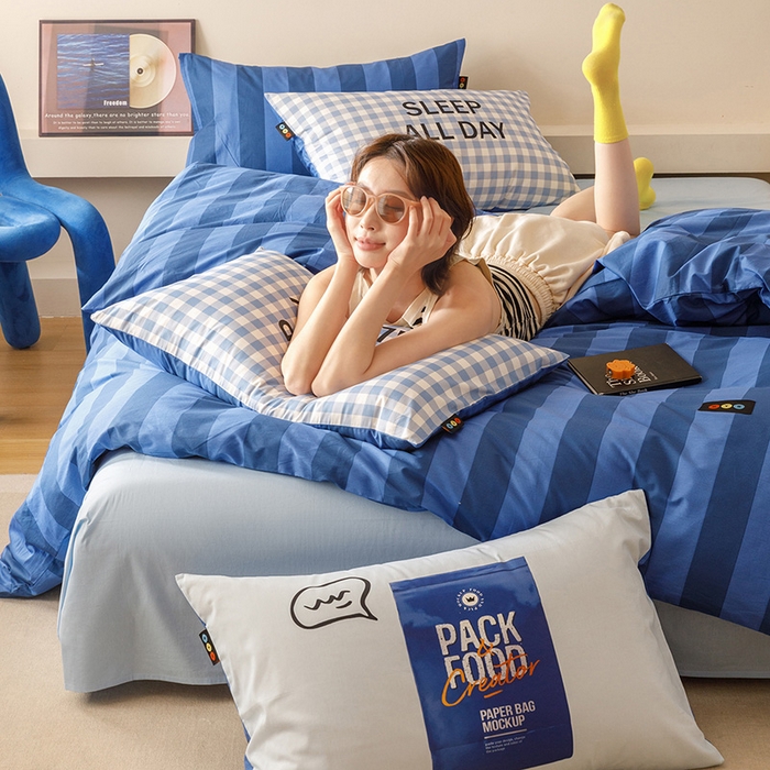 91家纺网 家纺一手货源 找家纺 RYB红黄兰 2025新款ins慵懒风撞色系全棉四件套学生季宿舍床纯棉三件套 深蓝假日