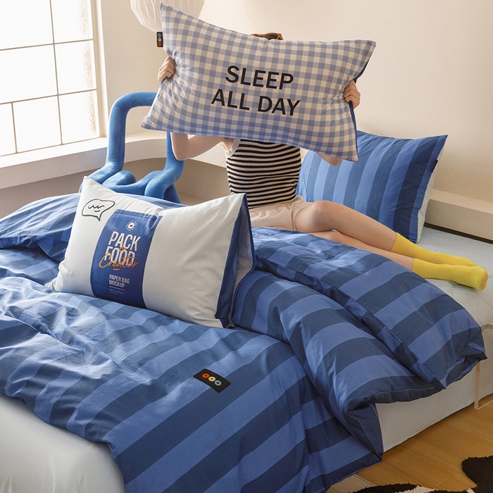 91家纺网 家纺一手货源 找家纺 RYB红黄兰 2025新款ins慵懒风撞色系全棉四件套学生季宿舍床纯棉三件套 深蓝假日