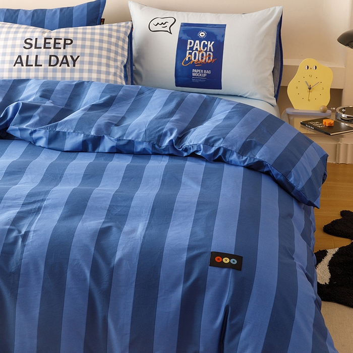 91家纺网 家纺一手货源 找家纺 RYB红黄兰 2025新款ins慵懒风撞色系全棉四件套学生季宿舍床纯棉三件套 深蓝假日