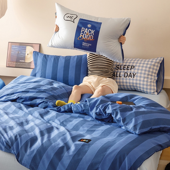 91家纺网 家纺一手货源 找家纺 RYB红黄兰 2025新款ins慵懒风撞色系全棉四件套学生季宿舍床纯棉三件套 深蓝假日