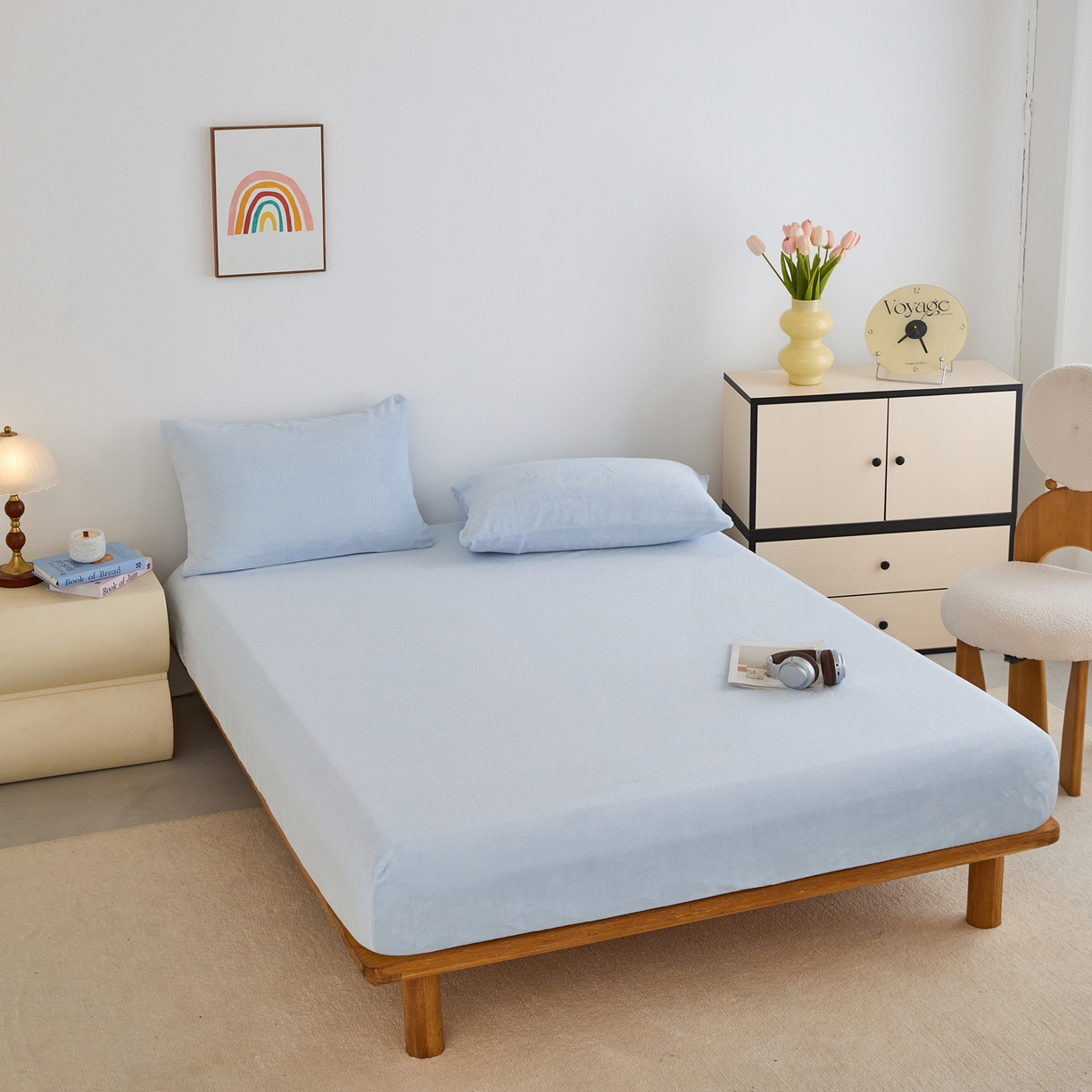 91家纺网 家纺一手货源 找家纺 曼町家居 2025新款高克重柔软牛奶绒床笠单床笠床笠单件 天空蓝