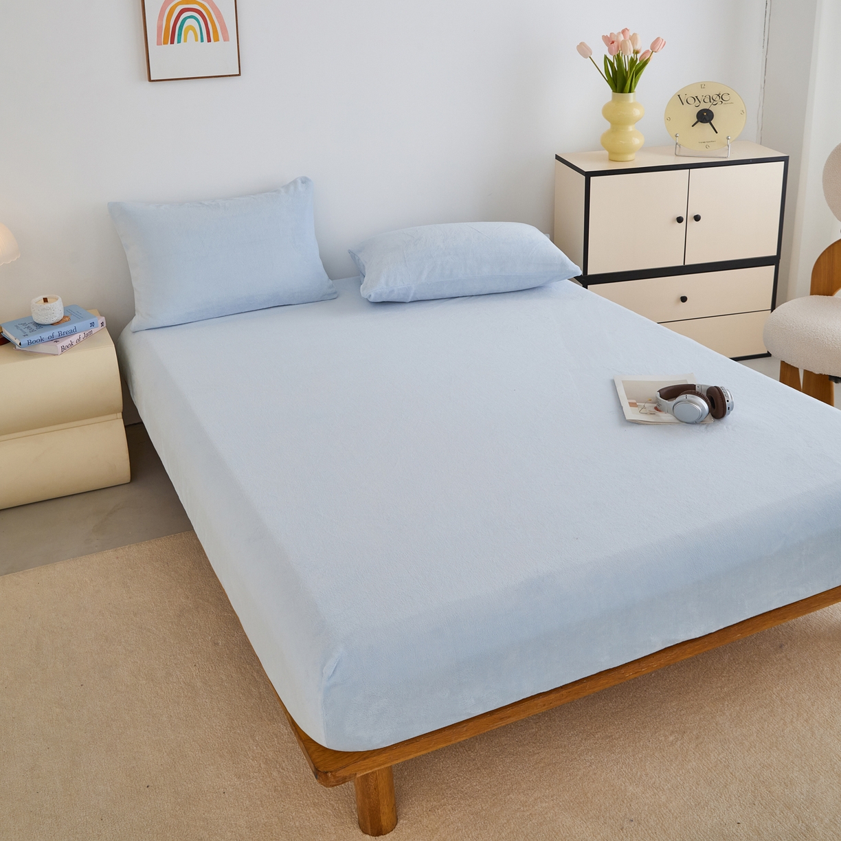 91家纺网 家纺一手货源 找家纺 曼町家居 2025新款高克重柔软牛奶绒床笠单床笠床笠单件 天空蓝