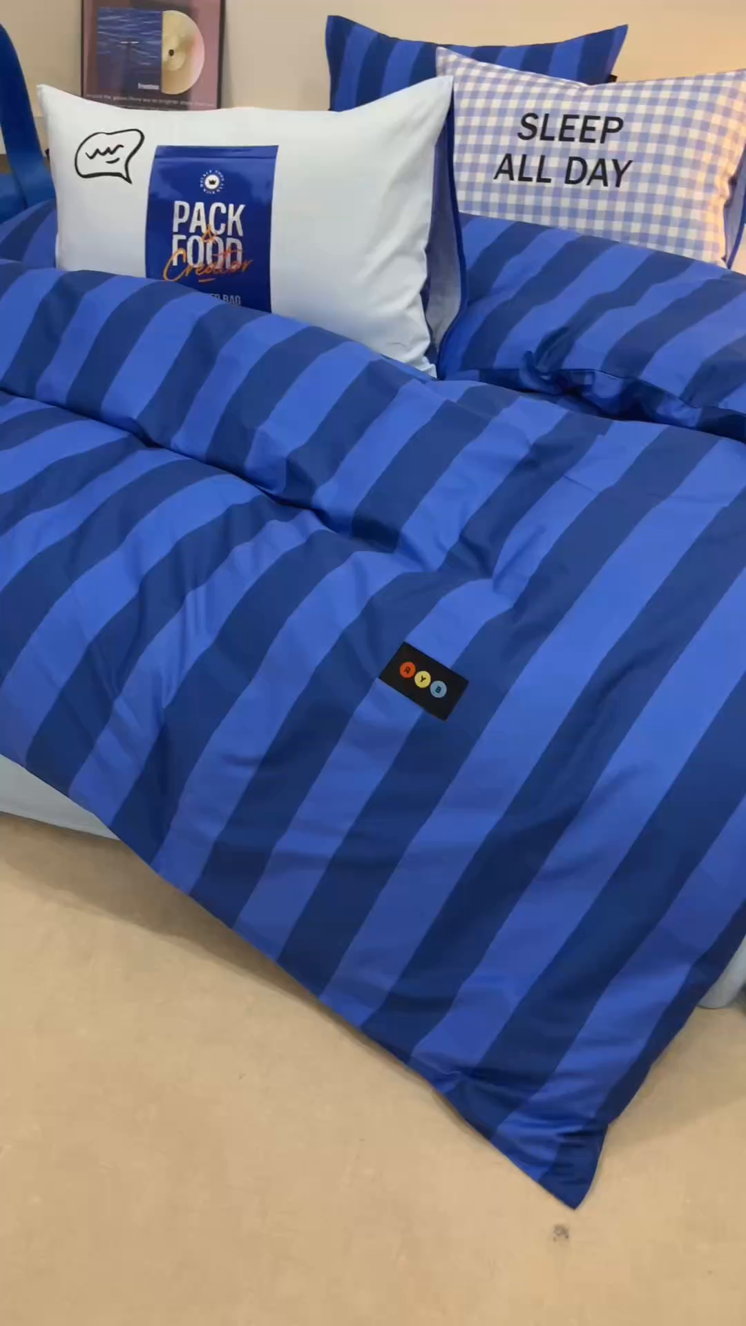 91家纺网 家纺一手货源 找家纺 RYB红黄兰 2025新款ins慵懒风撞色系全棉四件套学生季宿舍床纯棉三件套 深蓝假日