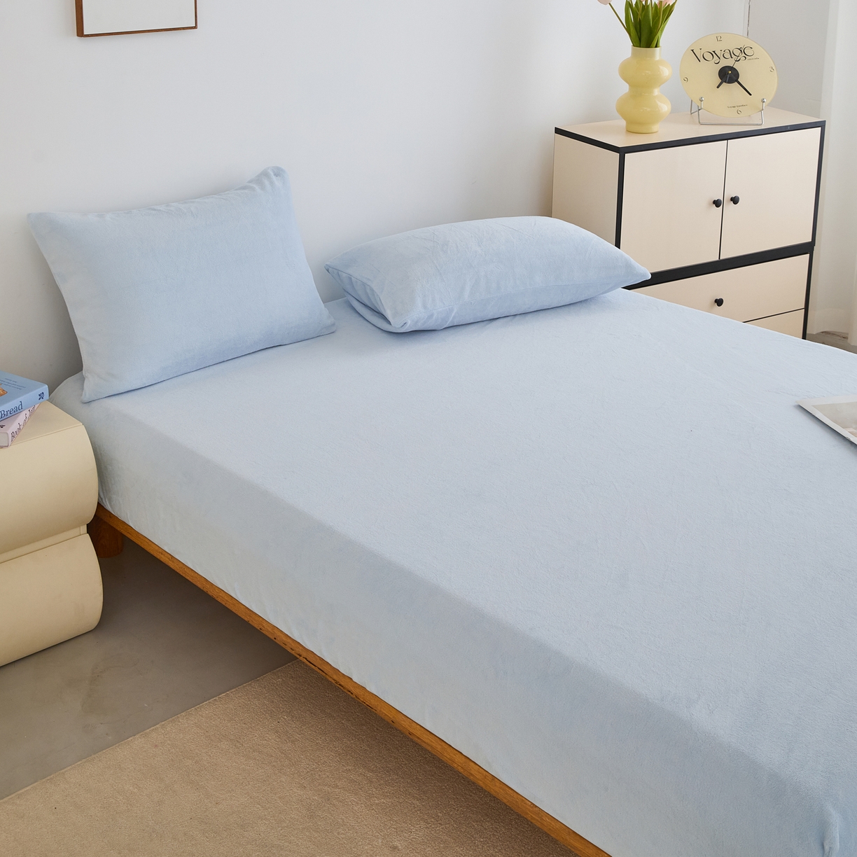 91家纺网 家纺一手货源 找家纺 曼町家居 2025新款高克重柔软牛奶绒床笠单床笠床笠单件 天空蓝