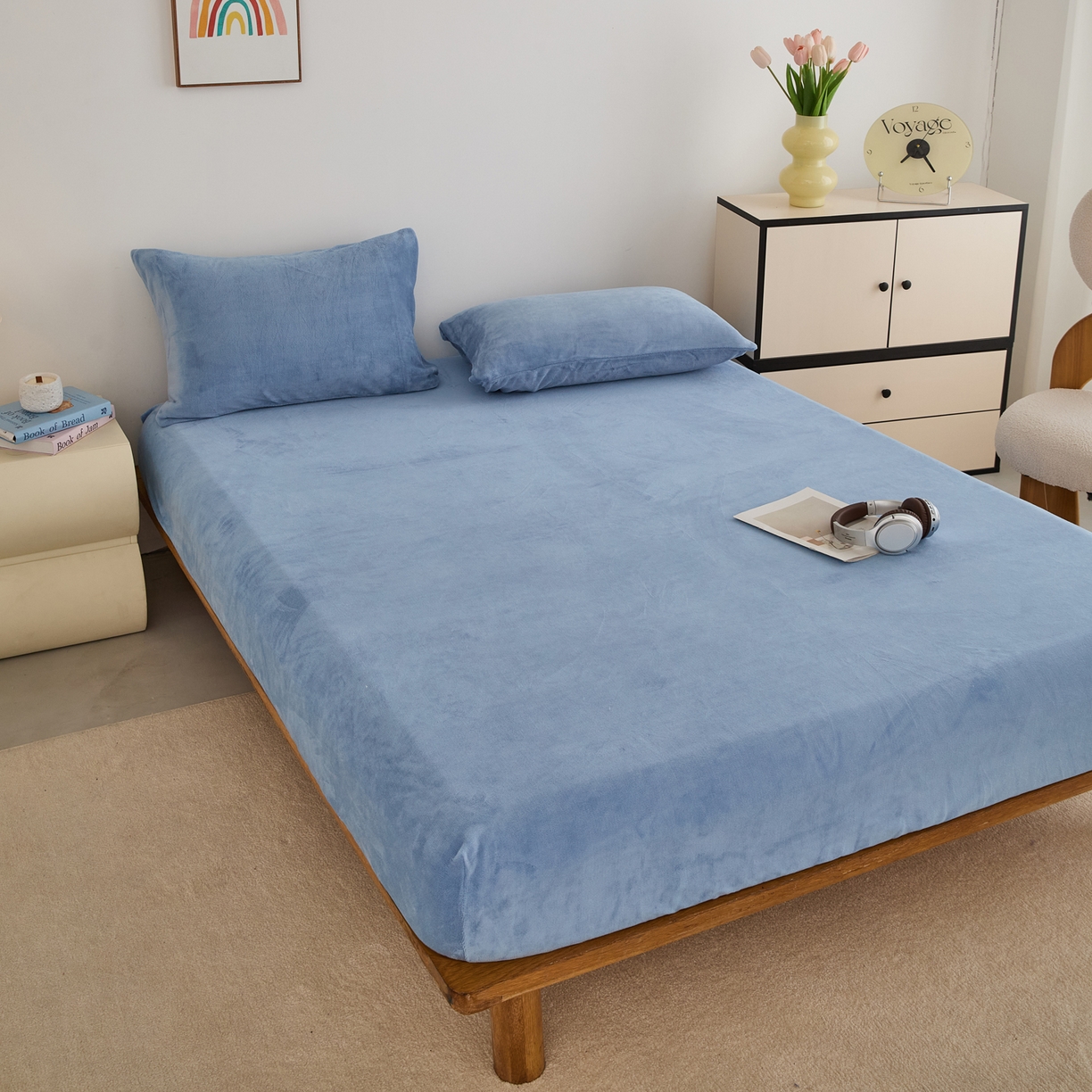 91家纺网 家纺一手货源 找家纺 曼町家居 2025新款高克重柔软牛奶绒床笠单床笠床笠单件 雾蓝