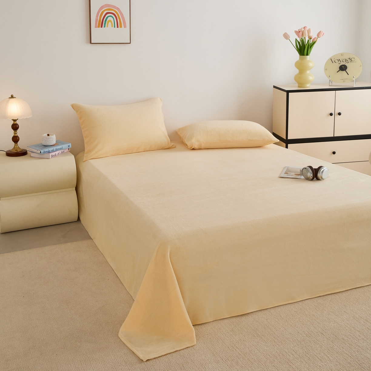 91家纺网 家纺一手货源 找家纺 曼町家居 2025新款高克重牛奶绒床单单床单床单单件 芝士黄