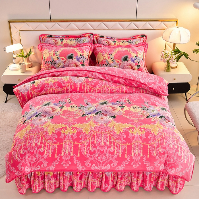 91家纺网 家纺一手货源 找家纺 馨梦缘 2025直播爆款8.5斤牛奶绒四件套加厚保暖床裙金貂绒 静若繁花 粉