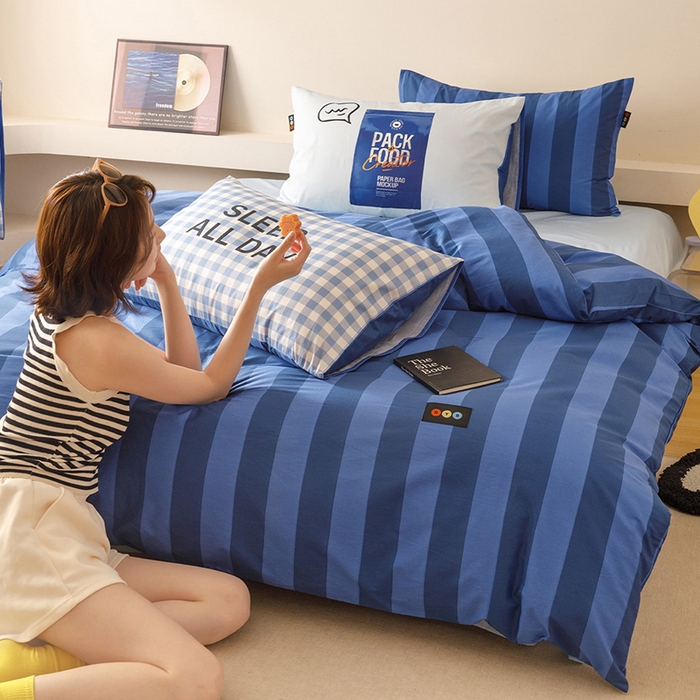 91家纺网 家纺一手货源 找家纺 （总）RYB红黄兰 2025新款ins慵懒风撞色系全棉四件套学生季宿舍床纯棉三件套