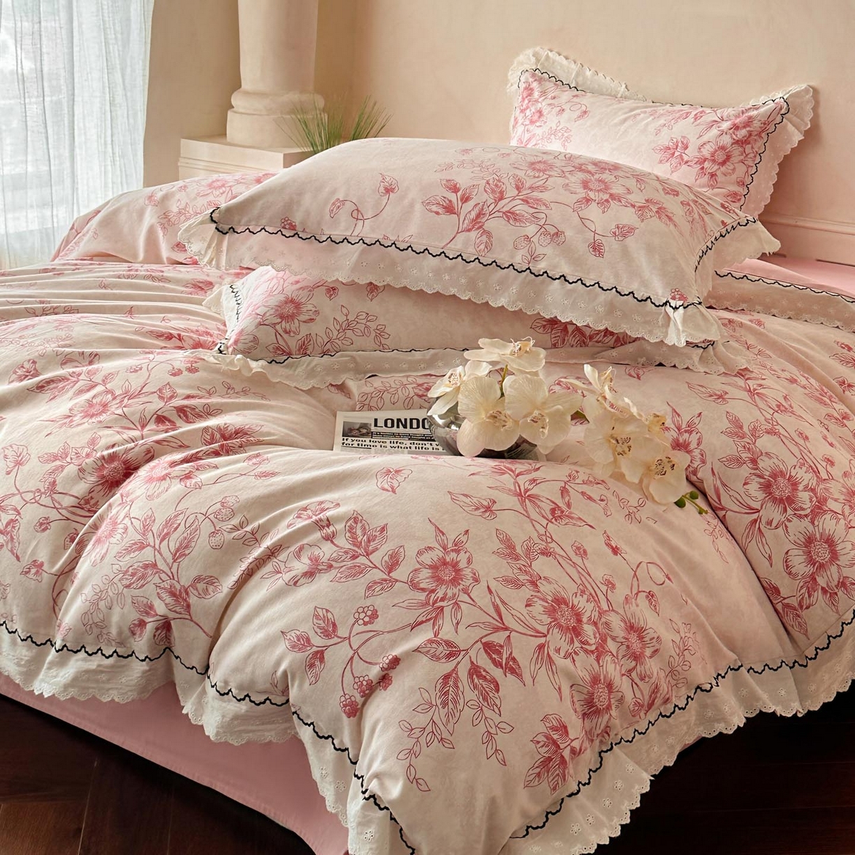 91家纺网 家纺一手货源 找家纺 涵宸家纺 2025新款全棉磨毛印花四件套-雅漾 花禧-红