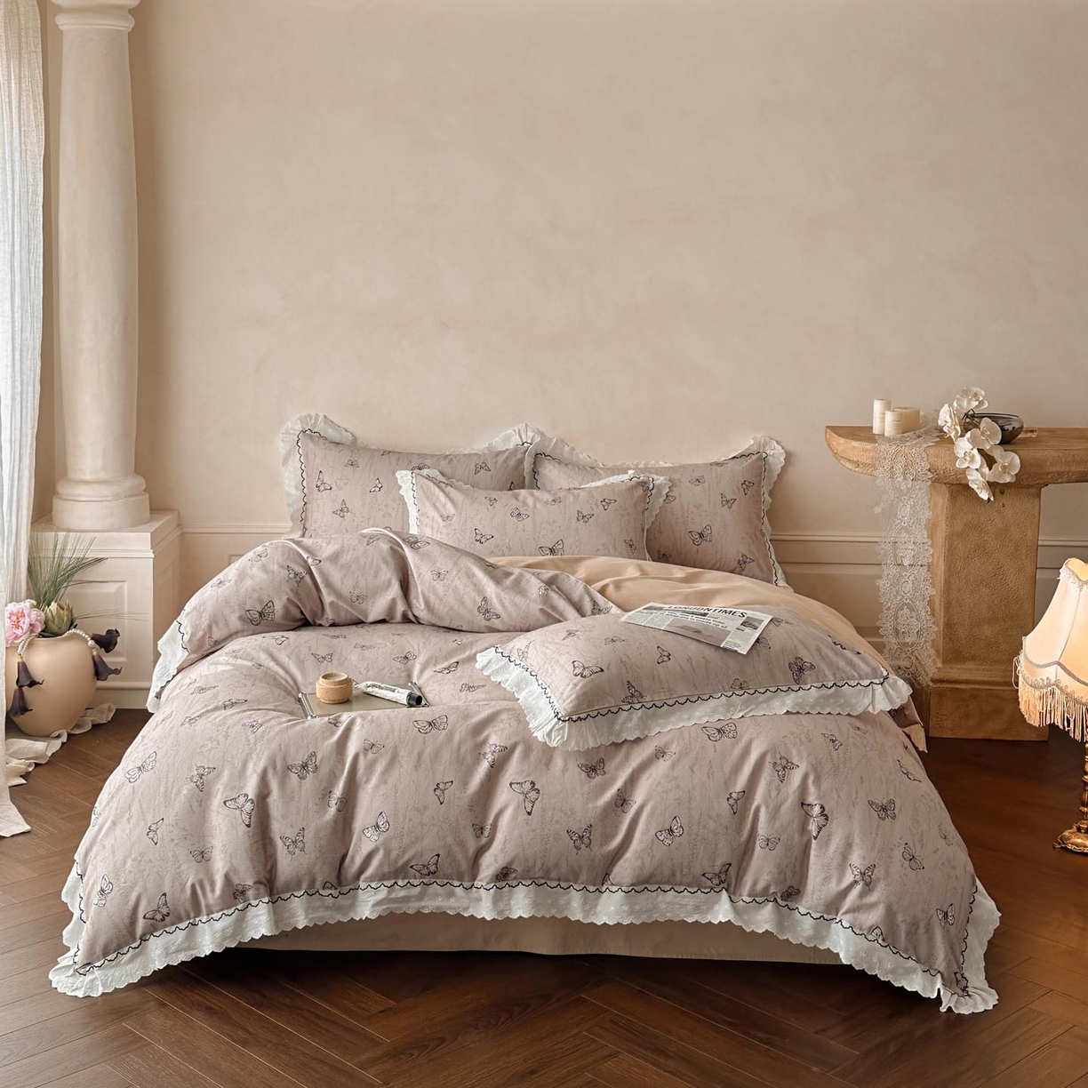 涵宸家纺 2025新款全棉磨毛印花四件套-雅漾 梦蝶-咖