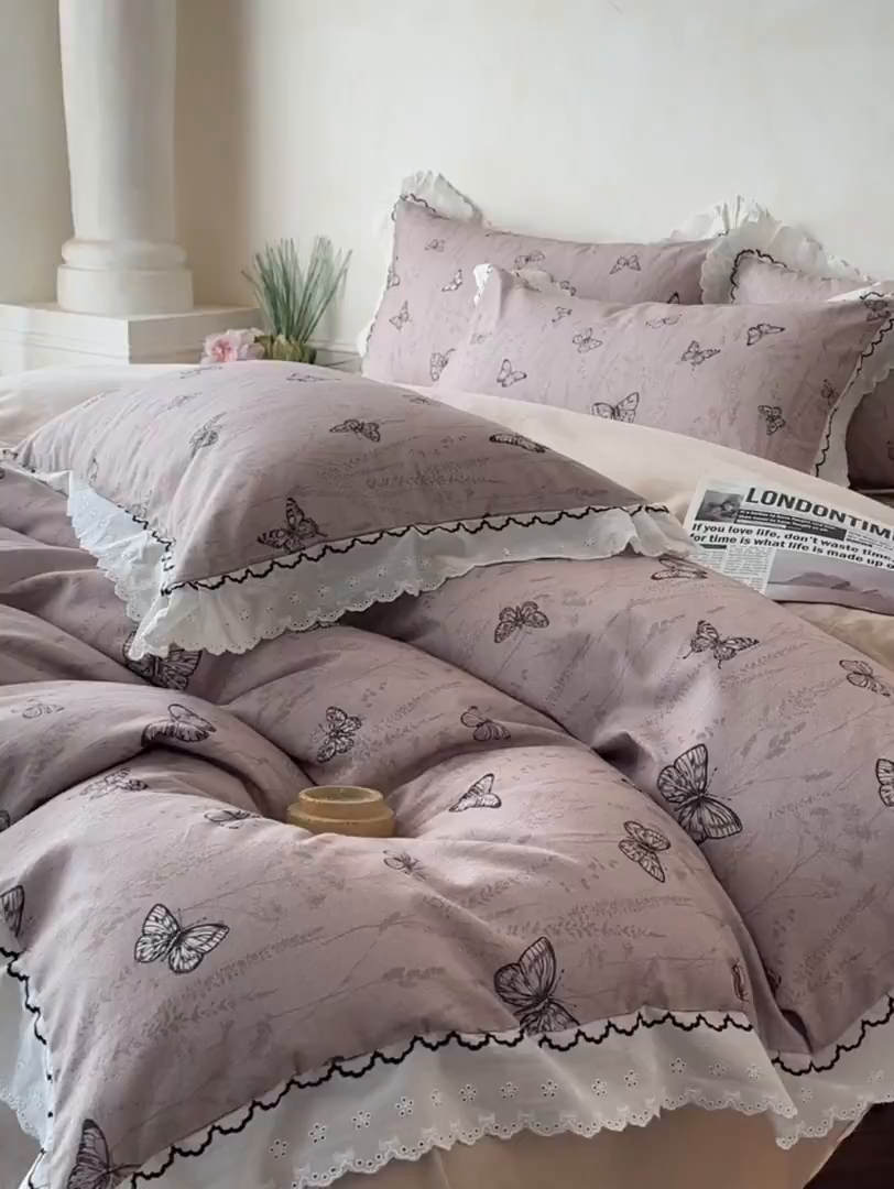 91家纺网 家纺一手货源 找家纺 涵宸家纺 2025新款全棉磨毛印花四件套-雅漾 梦蝶-咖