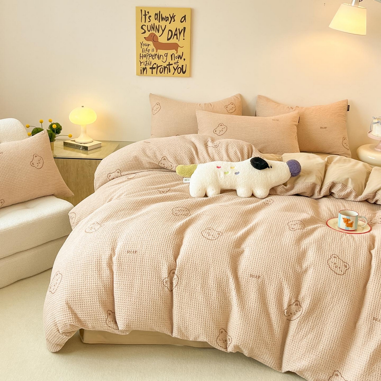 91家纺网 家纺一手货源 找家纺 涵宸家纺 2025新款全棉提花四件套-暮云栖 萌动时光-咖