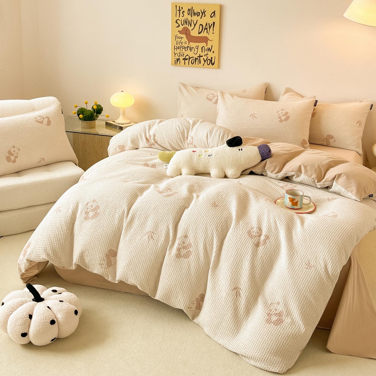 91家纺网 家纺一手货源 找家纺 涵宸家纺 2025新款全棉提花四件套-暮云栖 圆圆胖哒-米