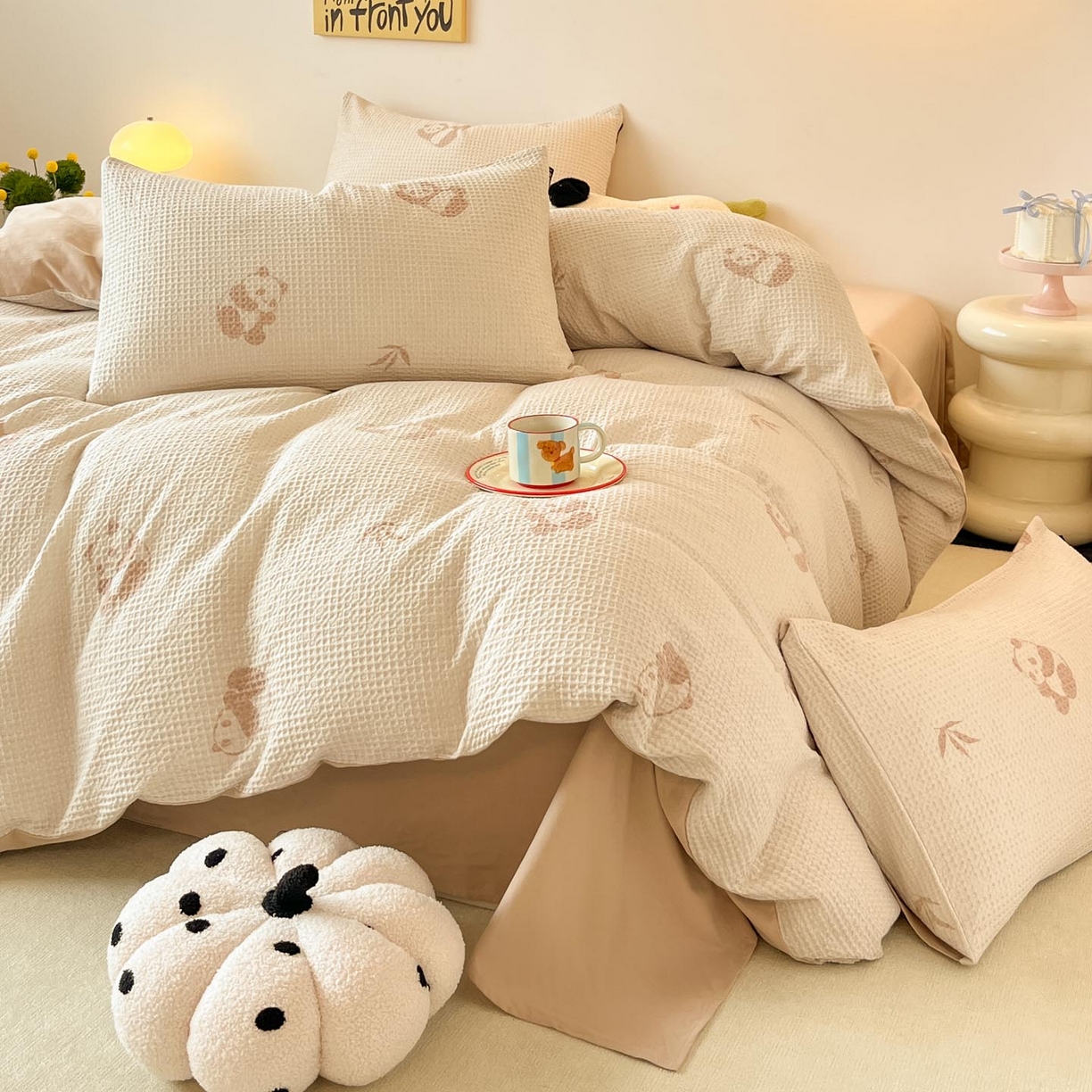 91家纺网 家纺一手货源 找家纺 涵宸家纺 2025新款全棉提花四件套-暮云栖 圆圆胖哒-米