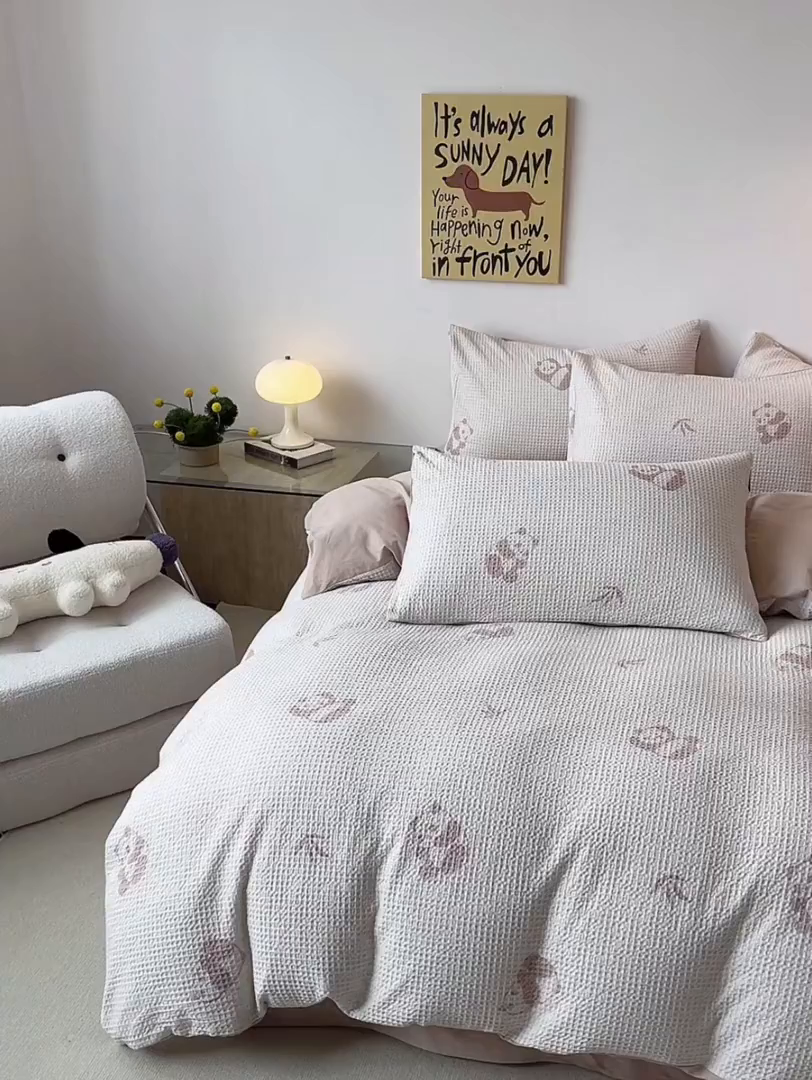 91家纺网 家纺一手货源 找家纺 涵宸家纺 2025新款全棉提花四件套-暮云栖 圆圆胖哒-米