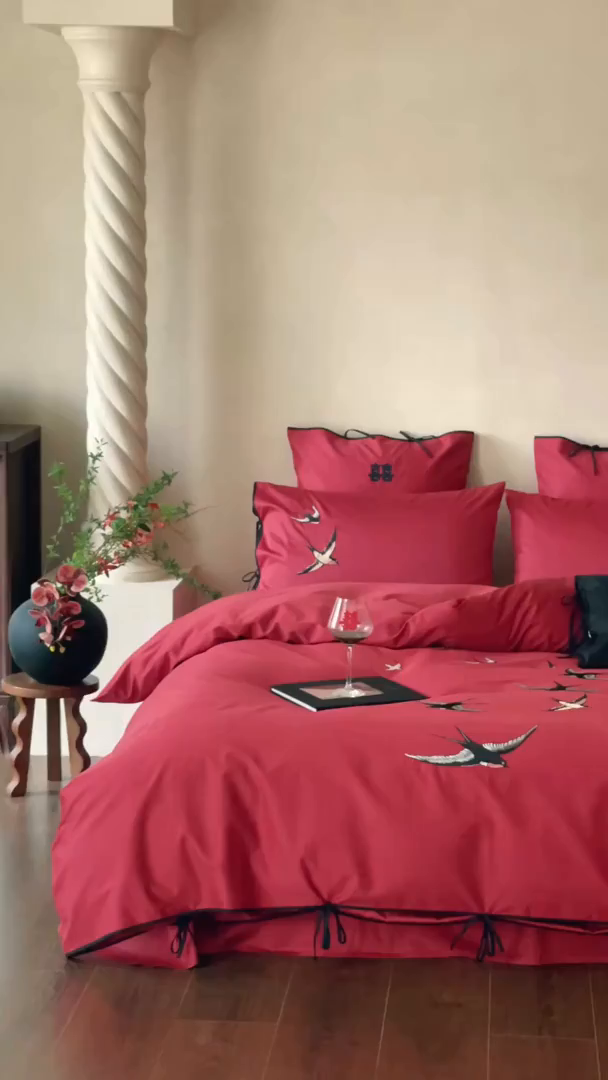 91家纺网 家纺一手货源 找家纺 （总）西西家居 2025新款100支长绒棉大红婚庆四件套-新婚燕尔