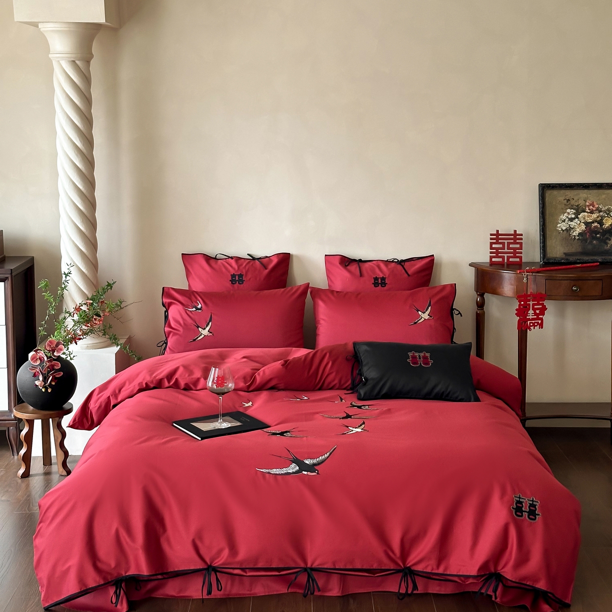 （总）西西家居 2025新款100支长绒棉大红婚庆四件套-新婚燕尔