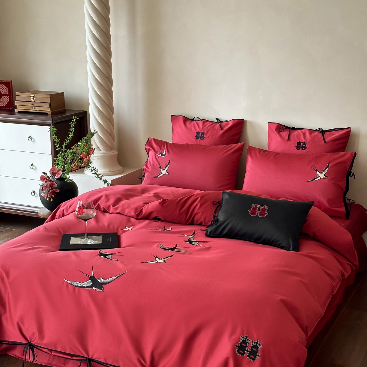 91家纺网 家纺一手货源 找家纺 （总）西西家居 2025新款100支长绒棉大红婚庆四件套-新婚燕尔