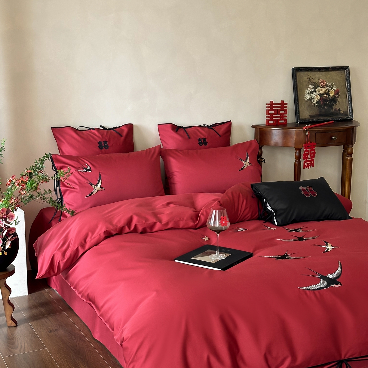 91家纺网 家纺一手货源 找家纺 （总）西西家居 2025新款100支长绒棉大红婚庆四件套-新婚燕尔