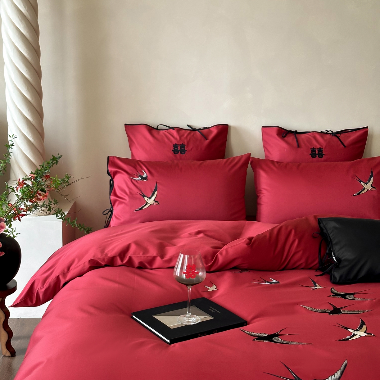 91家纺网 家纺一手货源 找家纺 （总）西西家居 2025新款100支长绒棉大红婚庆四件套-新婚燕尔