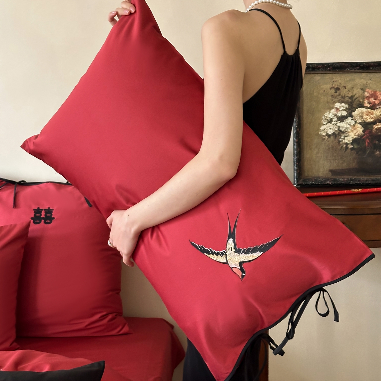 91家纺网 家纺一手货源 找家纺 （总）西西家居 2025新款100支长绒棉大红婚庆四件套-新婚燕尔