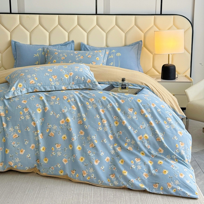 91家纺网 家纺一手货源 找家纺 U品汇 【A类母婴级】加厚全棉纯棉磨毛数码印花四件套生态磨毛100%棉（不是全棉不要钱）海韵幽兰-蓝