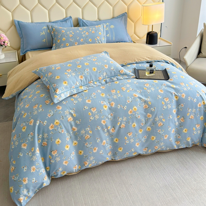 91家纺网 家纺一手货源 找家纺 U品汇 【A类母婴级】加厚全棉纯棉磨毛数码印花四件套生态磨毛100%棉（不是全棉不要钱）海韵幽兰-蓝