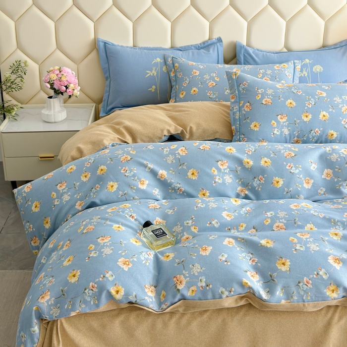 91家纺网 家纺一手货源 找家纺 U品汇 【A类母婴级】加厚全棉纯棉磨毛数码印花四件套生态磨毛100%棉（不是全棉不要钱）海韵幽兰-蓝