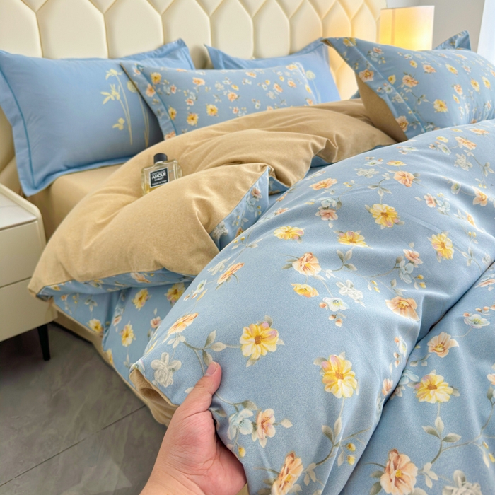 91家纺网 家纺一手货源 找家纺 U品汇 【A类母婴级】加厚全棉纯棉磨毛数码印花四件套生态磨毛100%棉（不是全棉不要钱）海韵幽兰-蓝