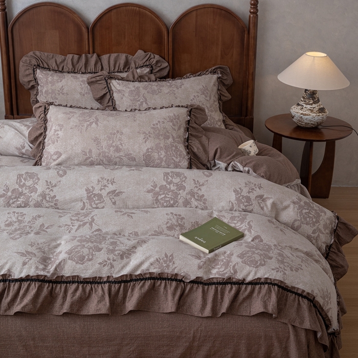 91家纺网 家纺一手货源 找家纺 （总）芯贝儿 2025新款加厚原麻复古风亚麻皱皱双层纱水洗m花边四件套