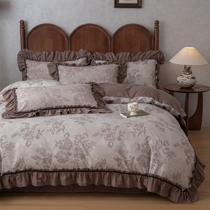 91家纺网 家纺一手货源 找家纺 （总）芯贝儿 2025新款加厚原麻复古风亚麻皱皱双层纱水洗m花边四件套