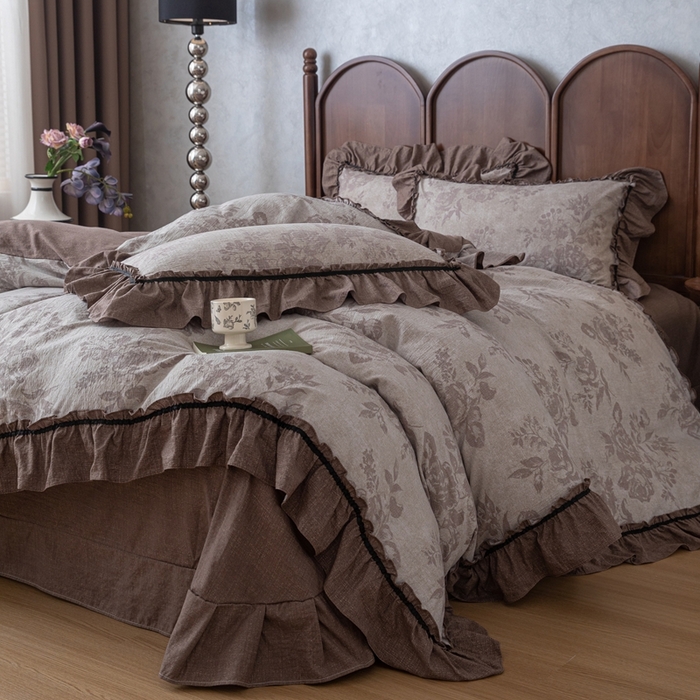 91家纺网 家纺一手货源 找家纺 （总）芯贝儿 2025新款加厚原麻复古风亚麻皱皱双层纱水洗m花边四件套