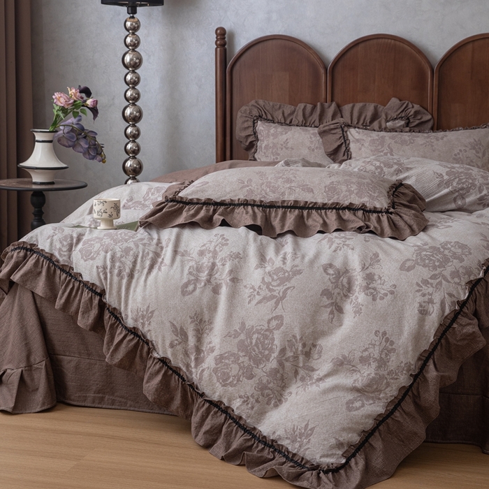 91家纺网 家纺一手货源 找家纺 （总）芯贝儿 2025新款加厚原麻复古风亚麻皱皱双层纱水洗m花边四件套