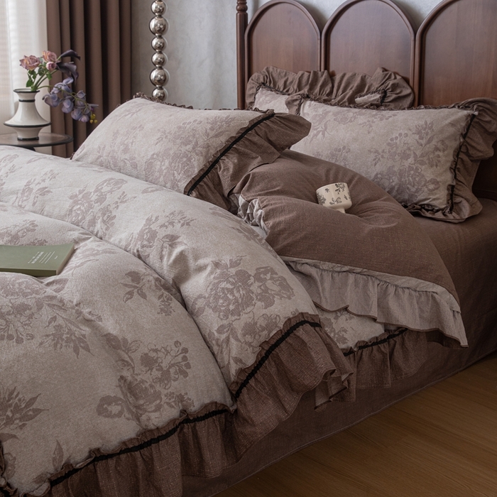 91家纺网 家纺一手货源 找家纺 （总）芯贝儿 2025新款加厚原麻复古风亚麻皱皱双层纱水洗m花边四件套